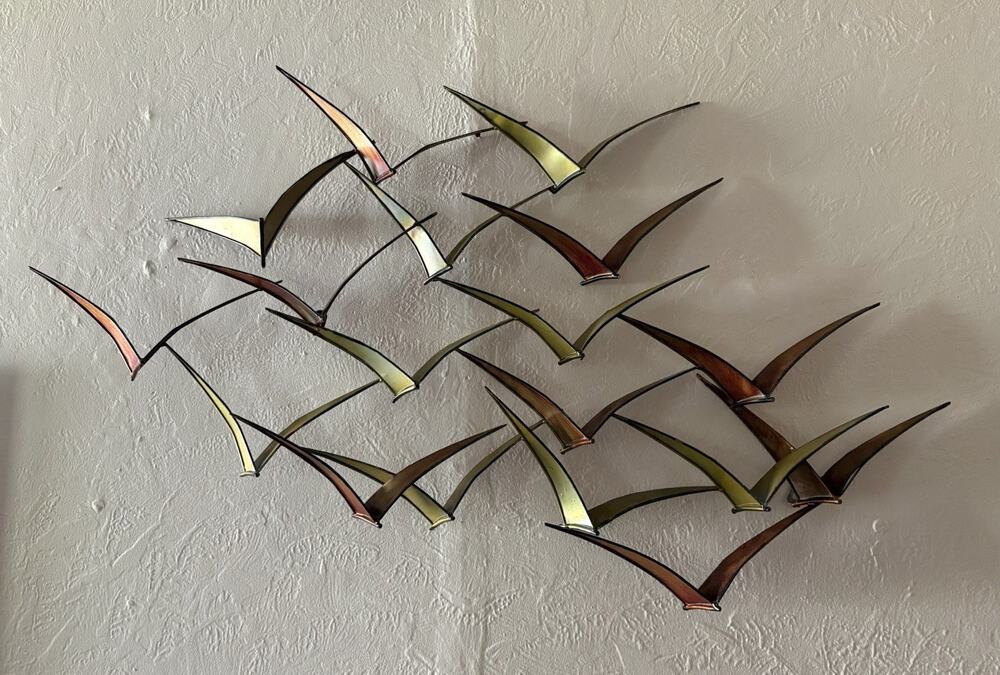 Vintage MCM Torched Metal Flock of Flying Birds 3D Wall Sculpture Decor 40x24”